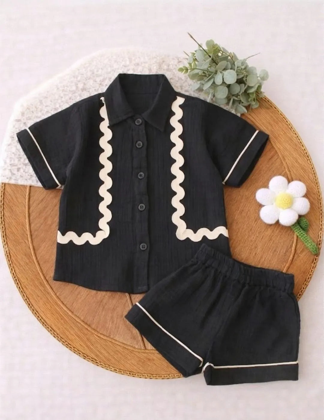 Full outfit of black cotton co-ord set with shirt and shorts