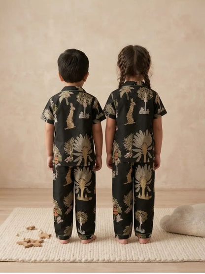 Back view of kids black cotton nightsuit with matching pyjama