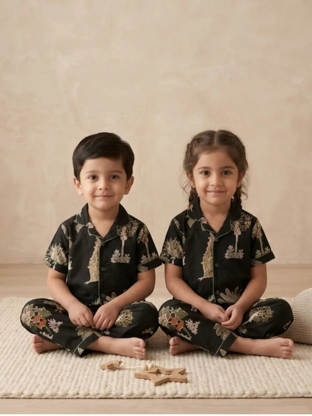 Kids black printed nightsuit sitting pose soft cotton sleepwear set