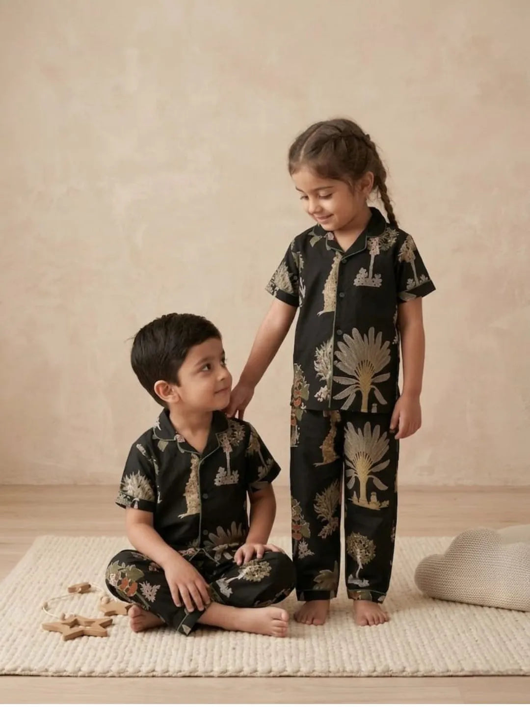 Kids black cotton nightwear sitting view comfortable pyjama set