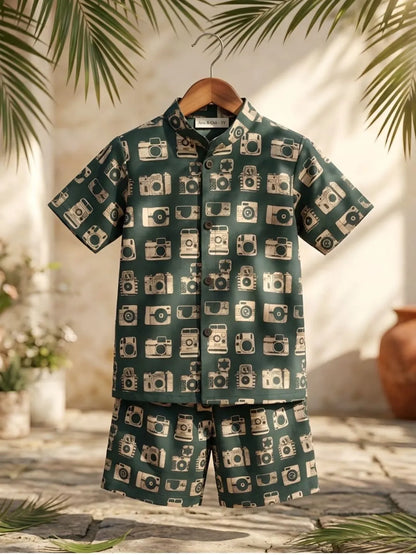 stylish boys green printed shirt and shorts co-ord set front angle view