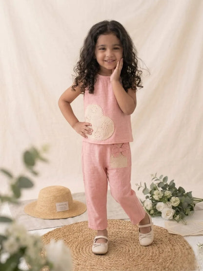 Girls pink summer outfit cotton co-ord set with heart design front look