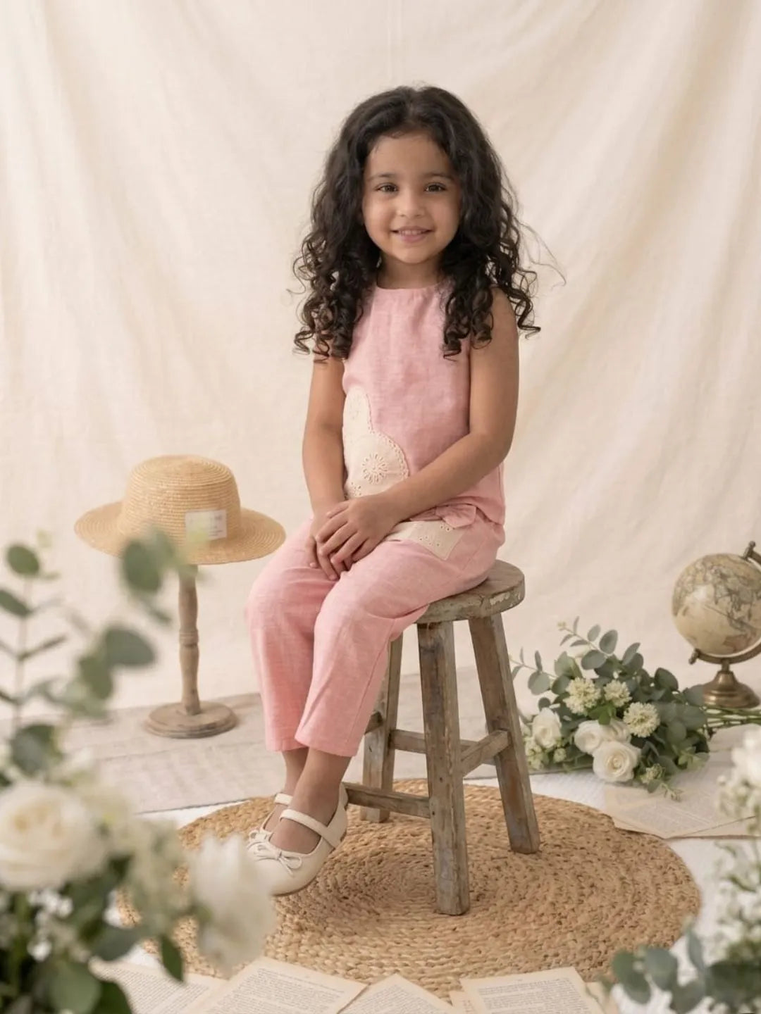 Girls pink heart applique co-ord set sitting pose kids summer cotton outfit