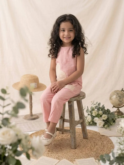 Girls pink heart applique co-ord set sitting pose kids summer cotton outfit