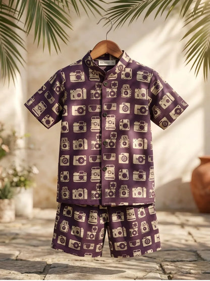 trendy boys purple printed shirt shorts set co-ord front look