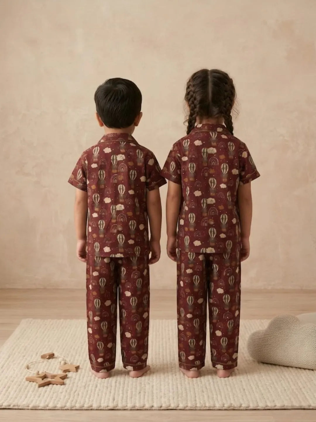Back view of kids red cotton nightsuit with matching pyjama