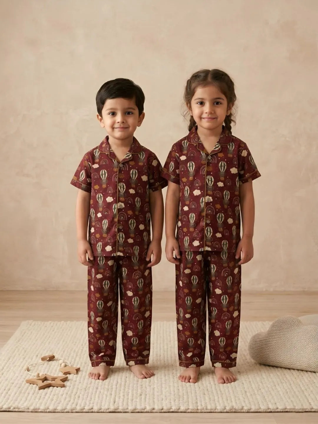 Kids red printed cotton nightsuit front view with shirt and pyjama