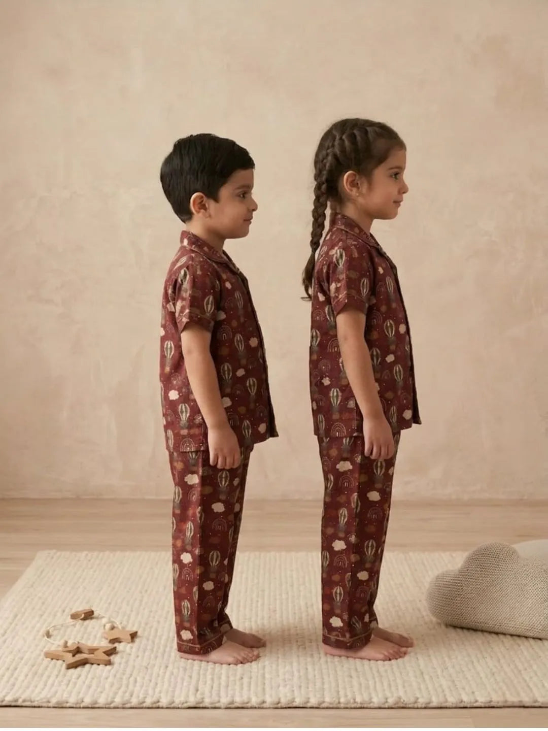 Side view of kids red printed nightsuit cotton nightwear set