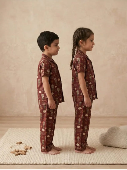 Side view of kids red printed nightsuit cotton nightwear set