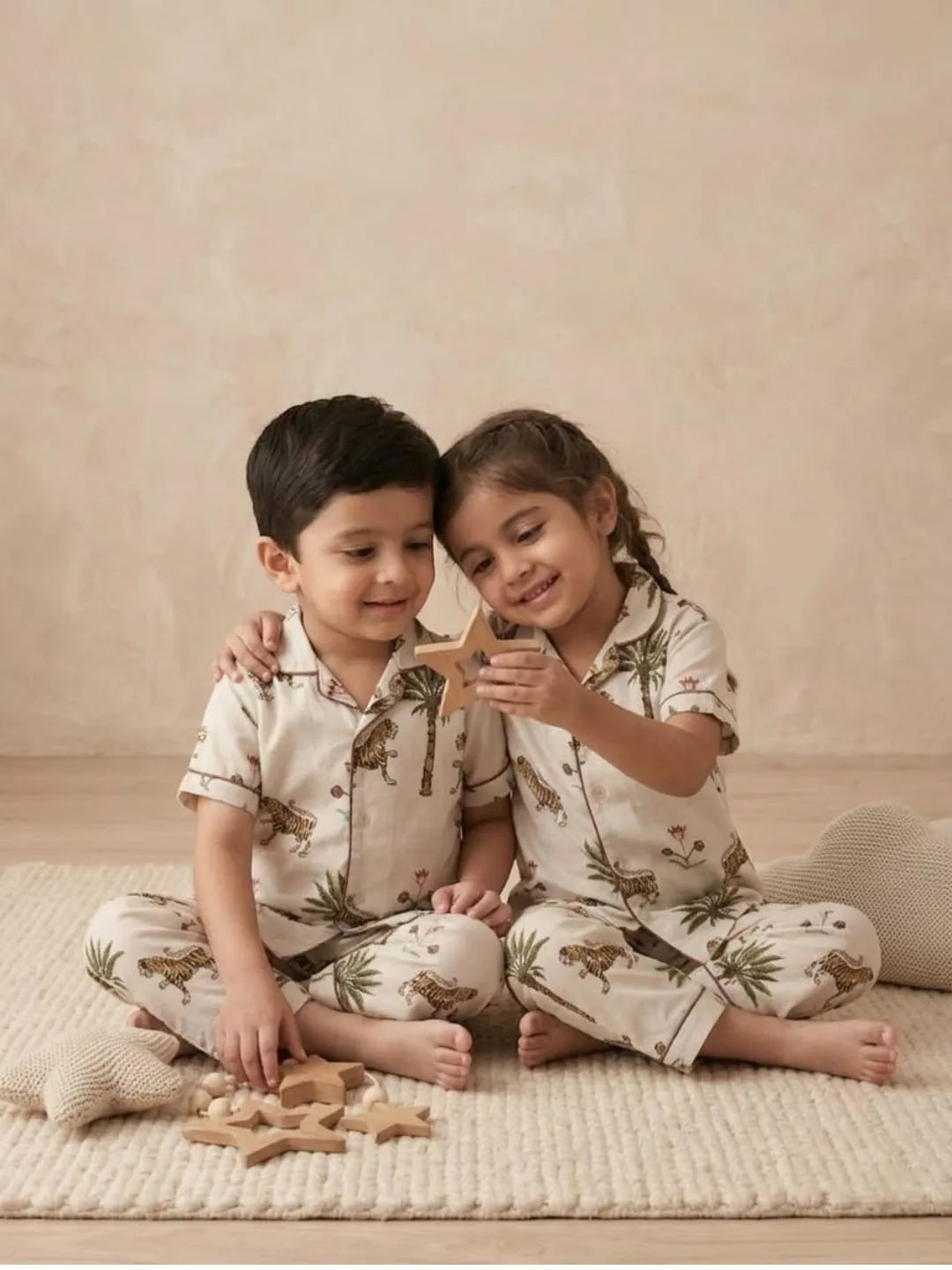 Kids white cotton nightsuit sitting pose comfortable nightwear set