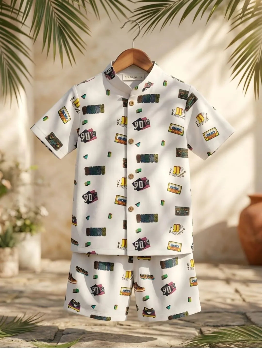 Stylish boys white printed co-ord set retro design front angle