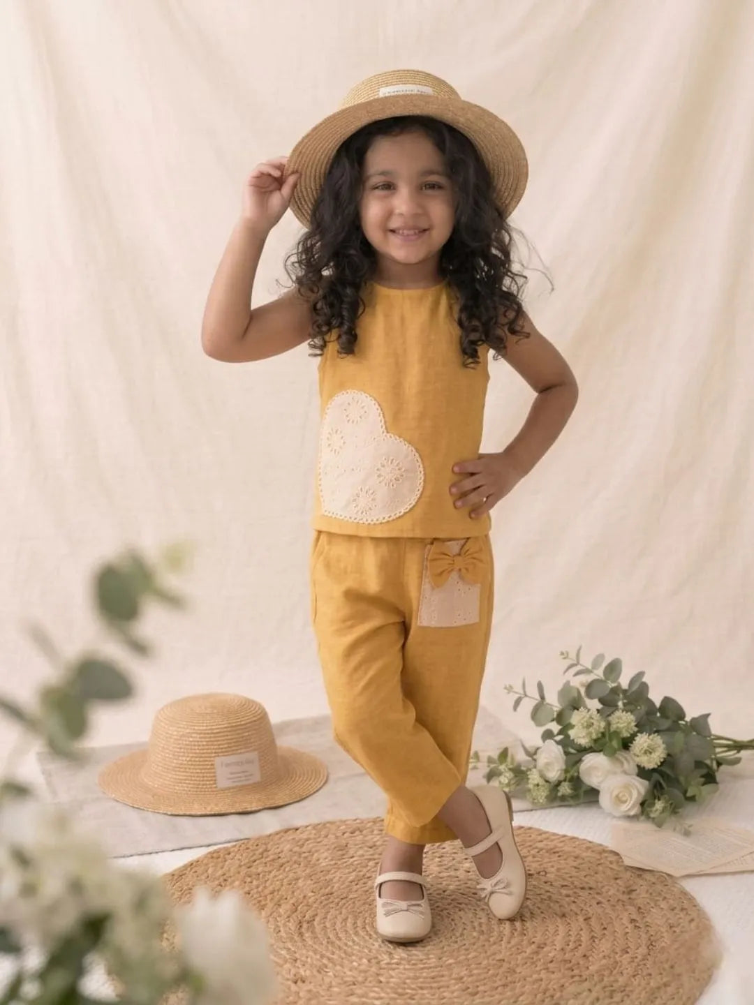 Stylish girls yellow co-ord set heart lace detail front angle view