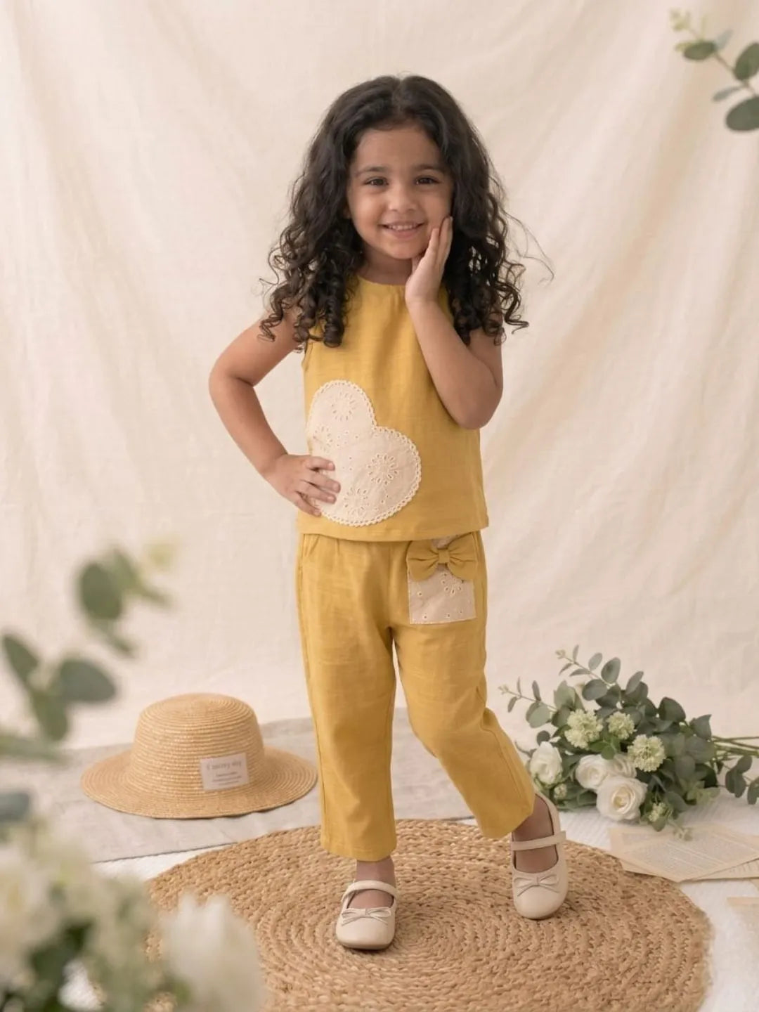 Girls yellow summer outfit cotton co-ord set with heart design front look