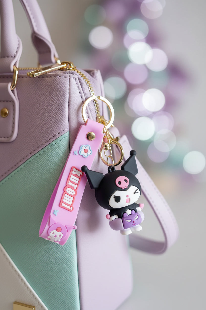Keychain with cartoon character and pink band on a light gray background