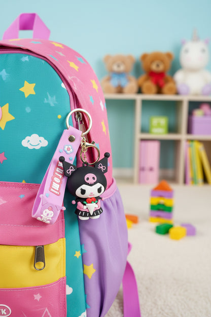 Keychain with cartoon character and pink packaging on a light gray background