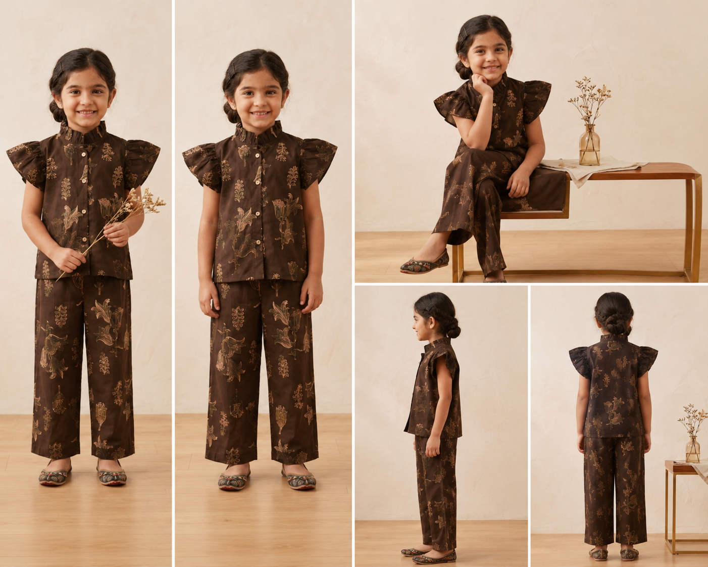 Melody Chocolate Brown Floral Co-ord Set for Girls Showing Front, Side, Back and Sitting Views
