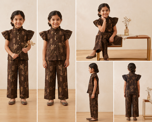 Melody Chocolate Brown Floral Co-ord Set for Girls Showing Front, Side, Back and Sitting Views