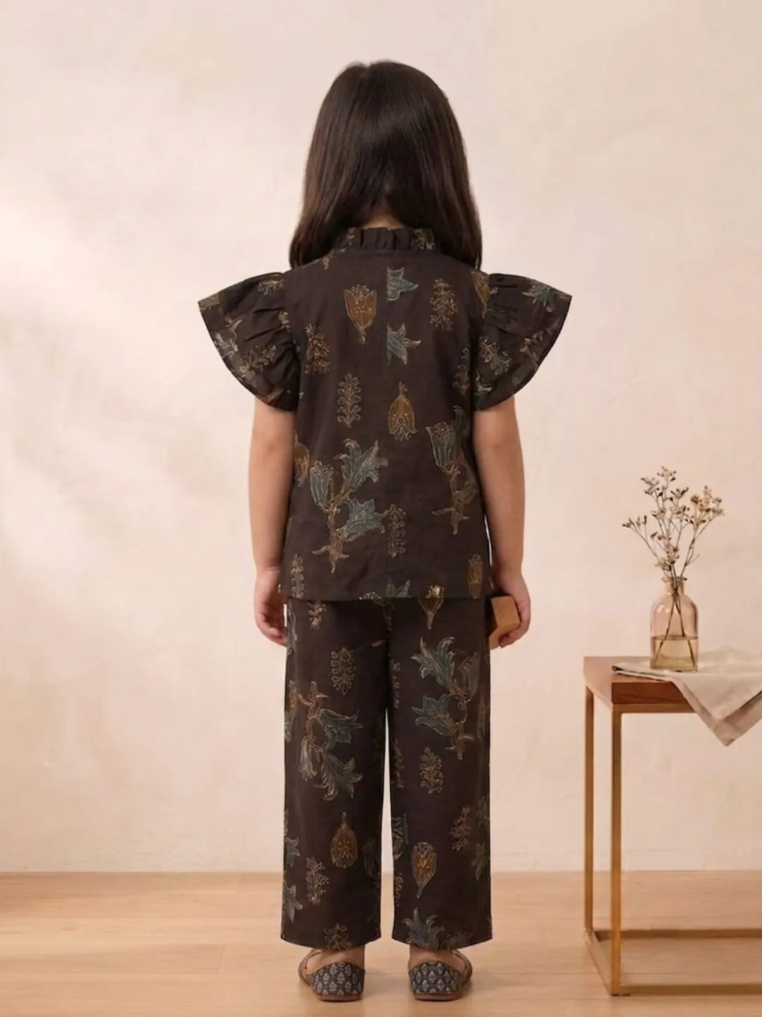 Back View of Girls Chocolate Brown Floral Printed Co-ord Set