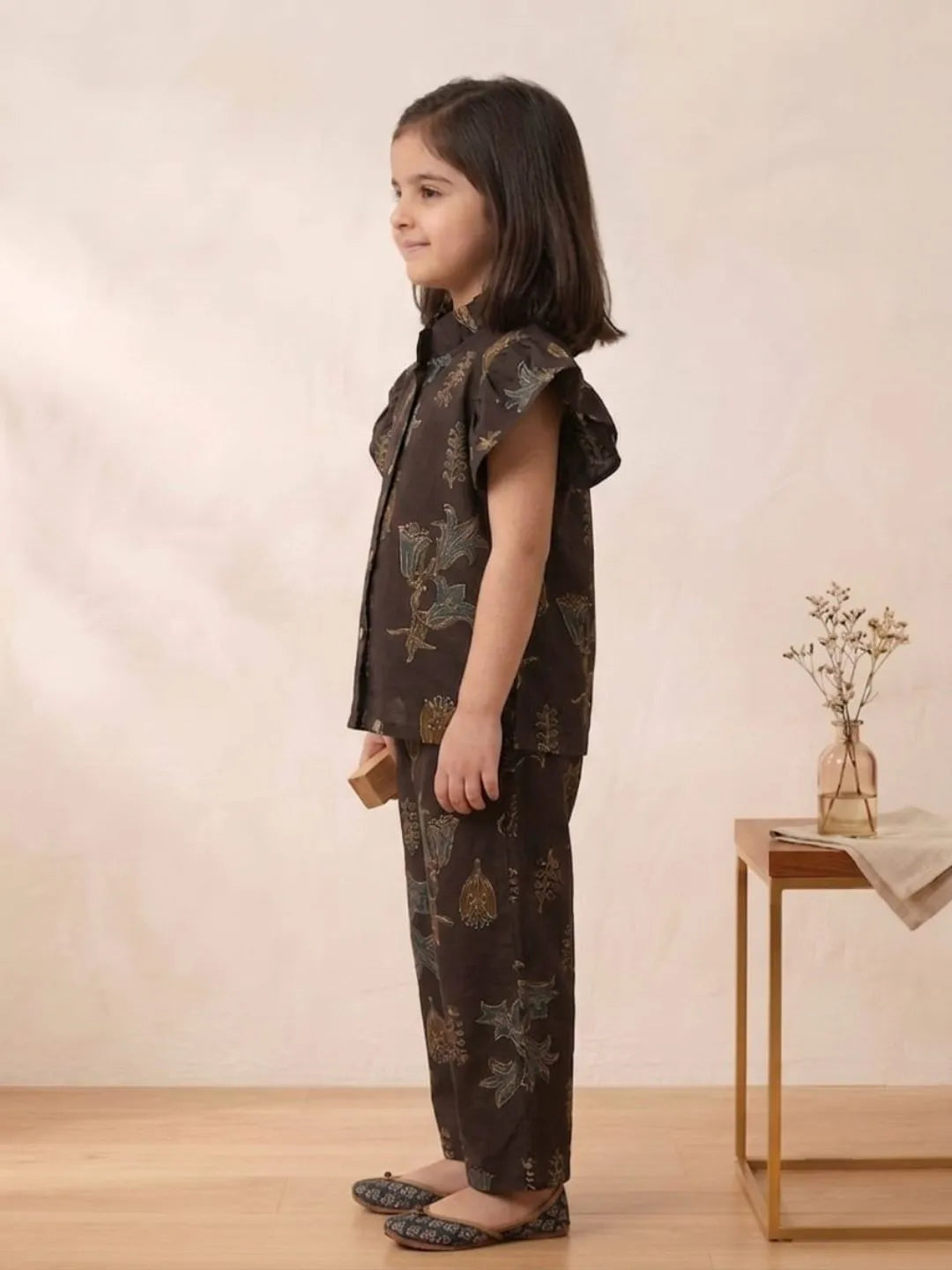 Side View of Melody Chocolate Brown Floral Co-ord Set for Girls
