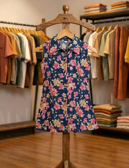 Close up of navy floral cotton dress for kids