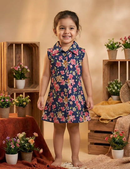 Girl wearing navy pink floral sleeveless shirt dress front view