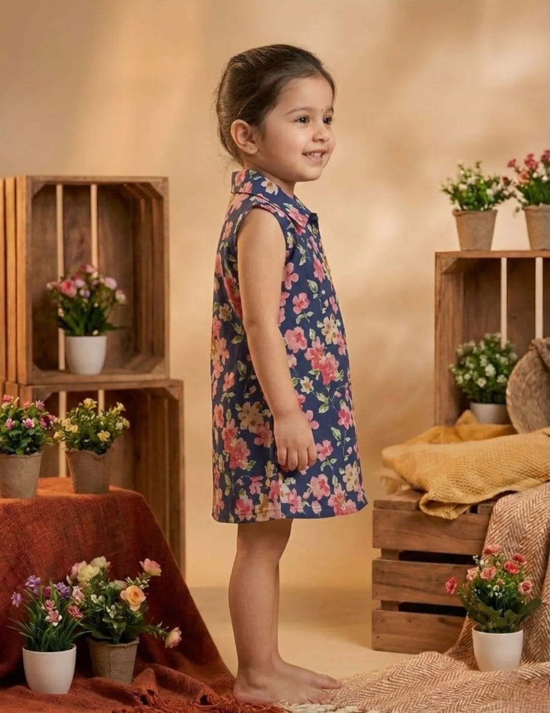 Side view navy collar summer dress for girls