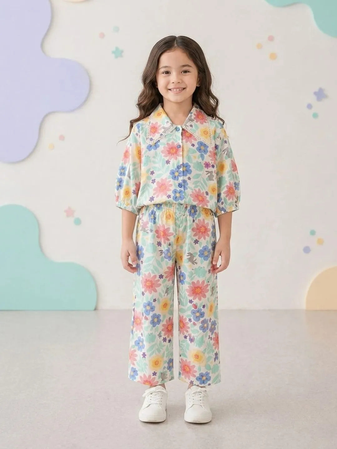 Girls Pastel Floral Print Shirt & Pant Co-Ord Set Front View