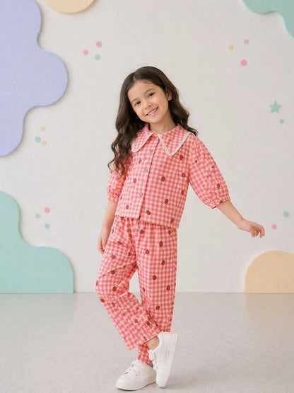 Girls Pink Check Strawberry Print Shirt & Pant Co-Ord Set Front View