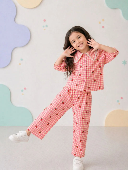 Girls Strawberry Print Shirt and Pant Matching Outfit
