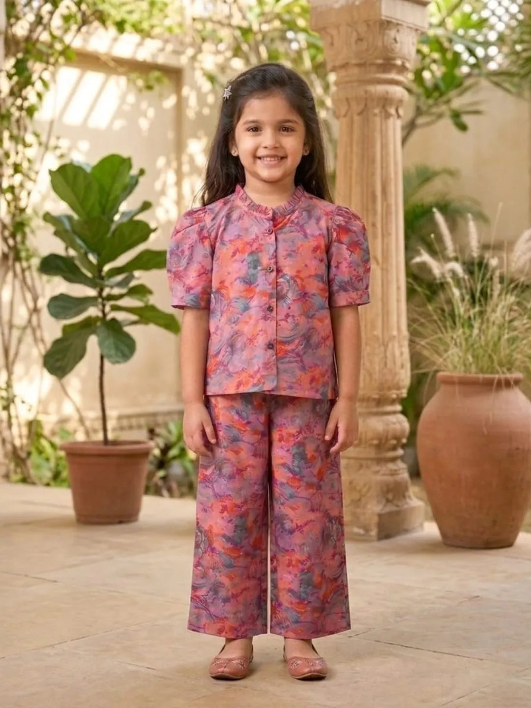 Girls pink printed co-ord set front view stylish outfit