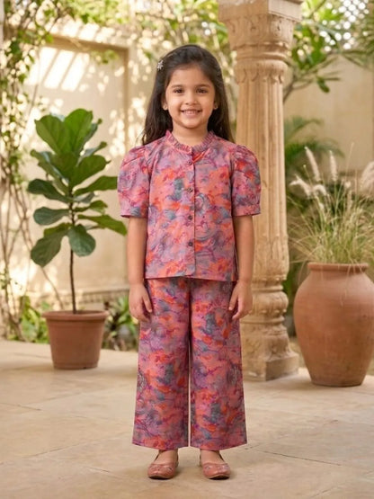 Girls pink printed co-ord set front view stylish outfit