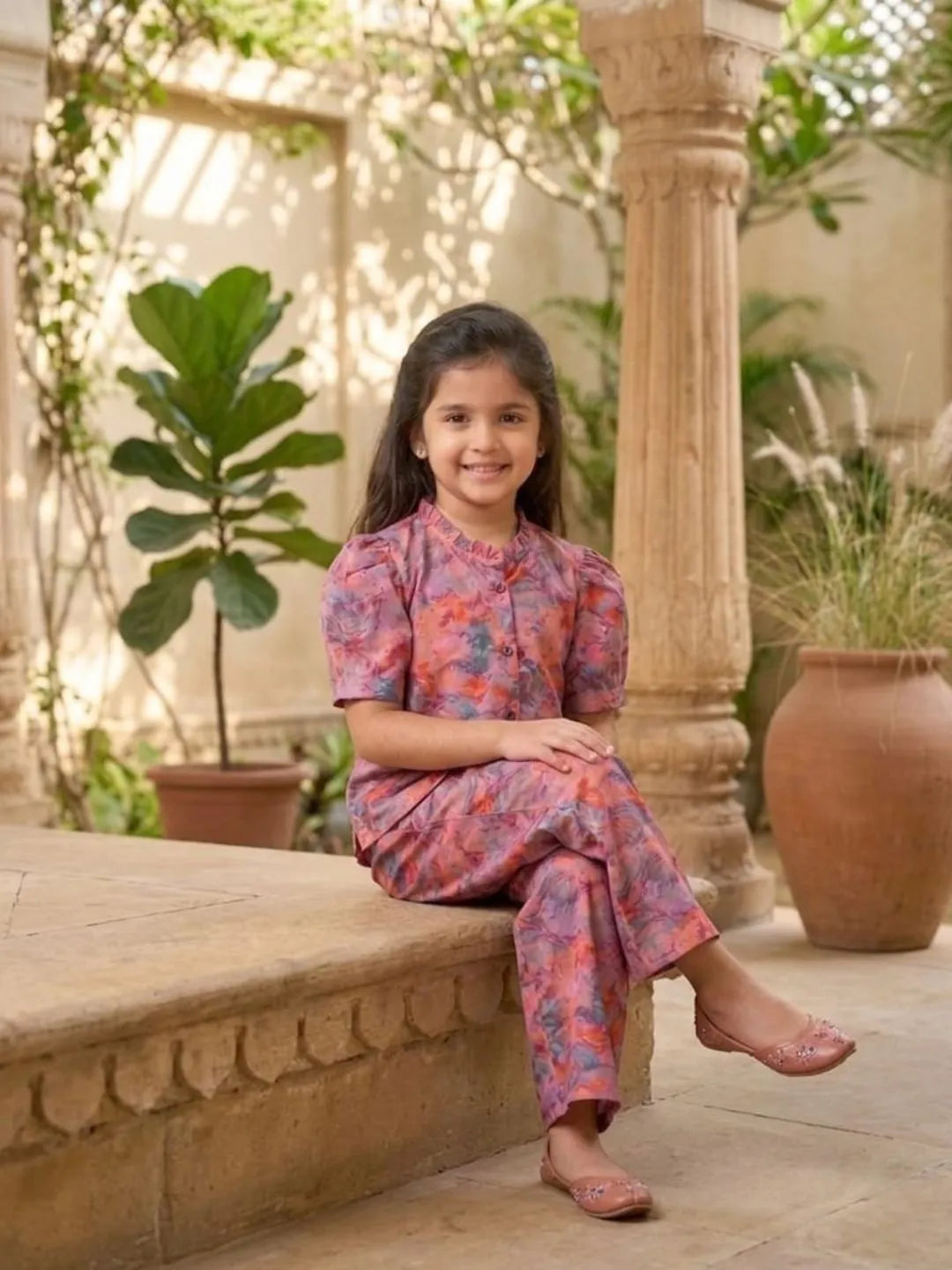 Kids pink coord set sitting pose breathable outfit