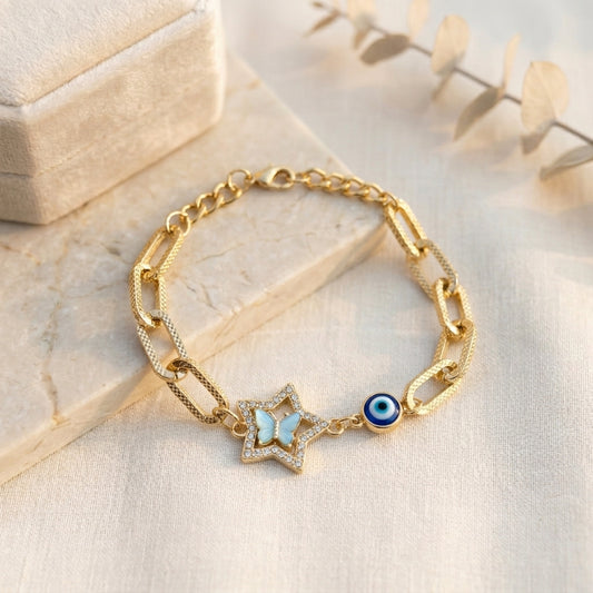 HOK Beautiful Chain Bracelet with Diamond Butterfly and Evil Eye
