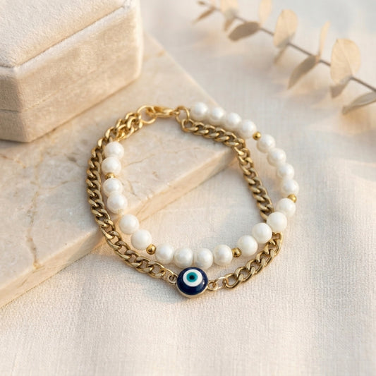 HOK Pearl and Evil Eye Chain Bracelet