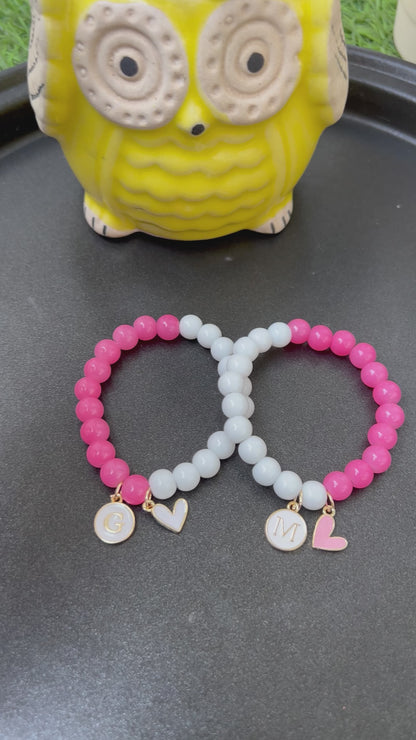 Pink and White Bracelet Included Heart Charm and Initial - Set of 1