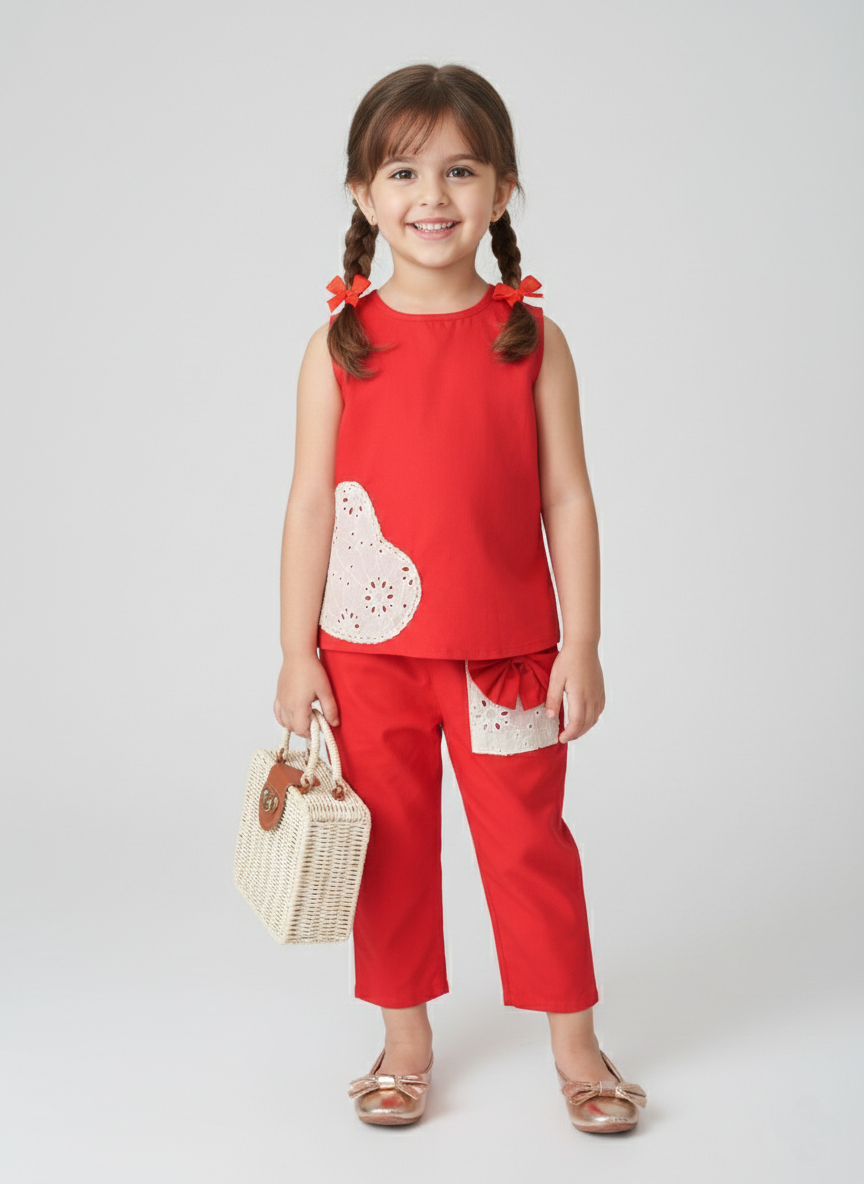 Girls Cotton Cord Set- Sleeveless Top & Pants with Lace Heart & Bow Detail