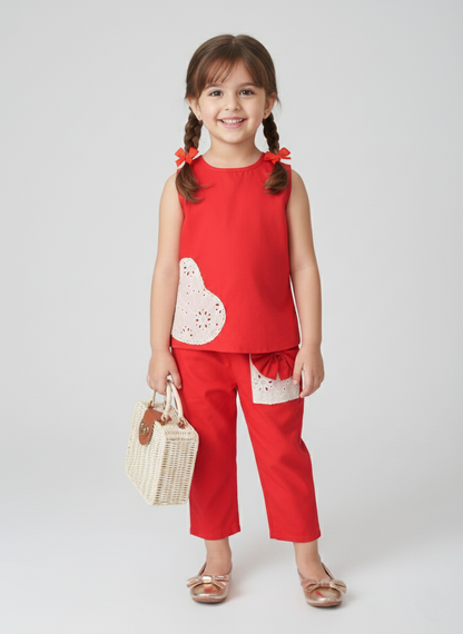 Girls Cotton Cord Set- Sleeveless Top & Pants with Lace Heart & Bow Detail