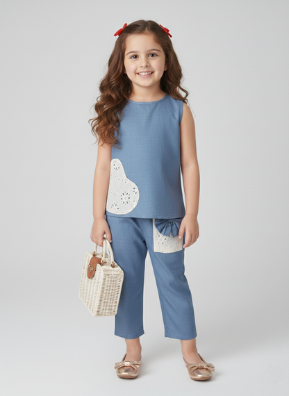 Girls Cotton Cord Set- Sleeveless Top & Pants with Lace Heart & Bow Detail
