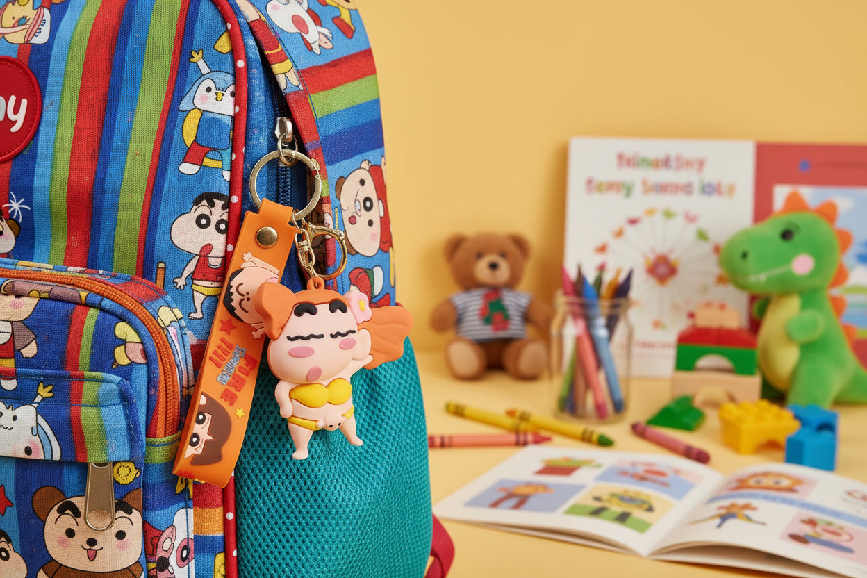 Cartoon character keychain on an orange strap with a gold clasp on a light gray background