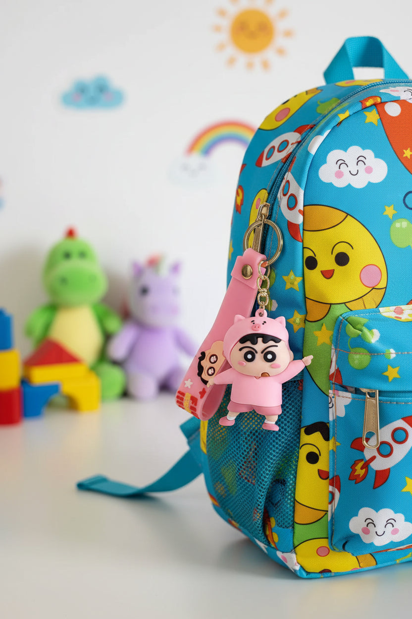 Keychain with cartoon character in pink outfit on a light gray background