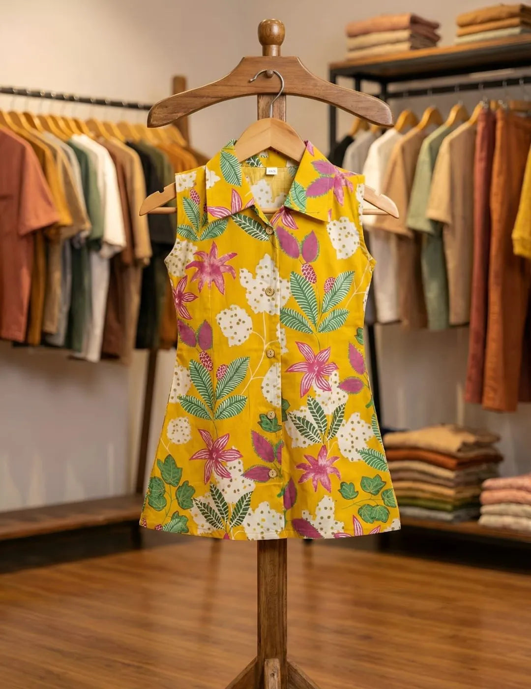 Close up yellow floral cotton summer dress for girls