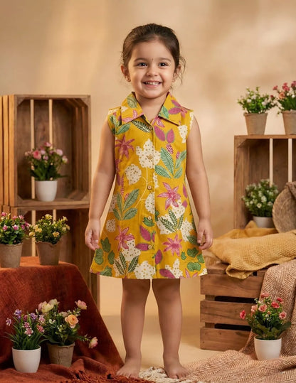 Girl wearing yellow tropical print sleeveless shirt dress front view