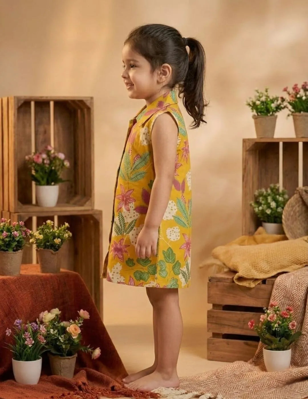 Side view yellow sleeveless collar kids dress