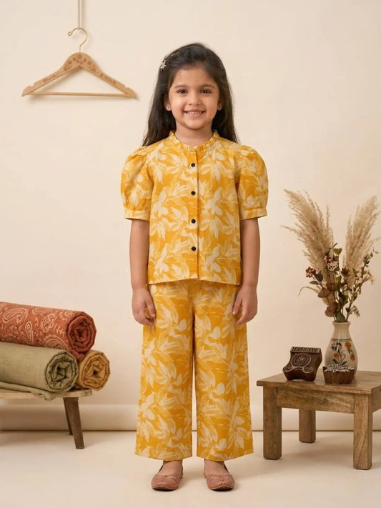 Girls yellow printed co-ord set front view cotton outfit