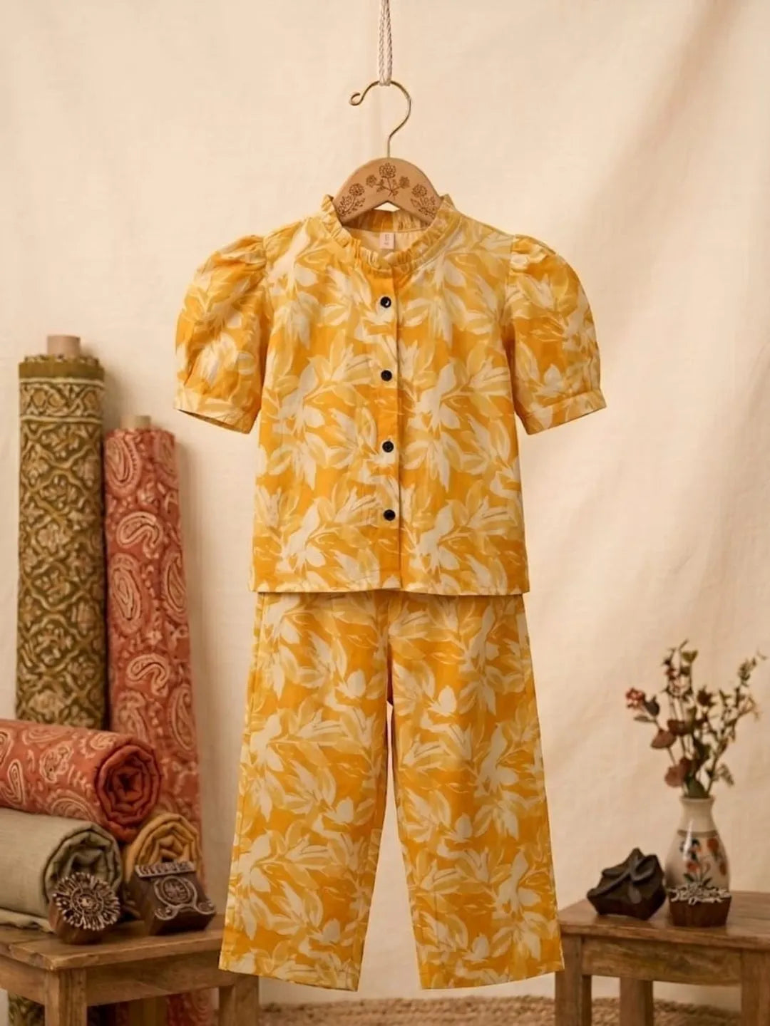 Girls yellow top and pant set puff sleeve design
