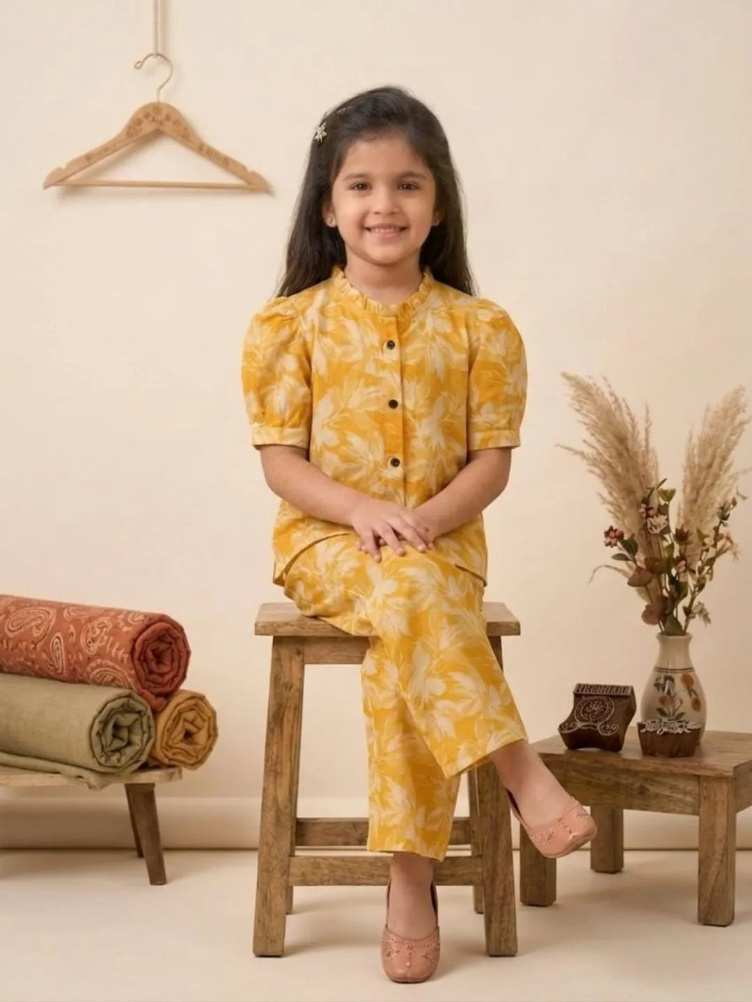 Kids yellow coord set sitting pose summer outfit